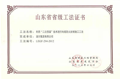 公司榮獲湖南省省級“利用二次預留技術進行電纜防火封堵施工工法”
